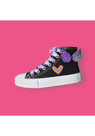 Kanatlı Kalpli Tasarım Tasarım Mor Kalp Bağcıklı Sneaker Kız Çocuk Spor Ayakkabı Siyah
