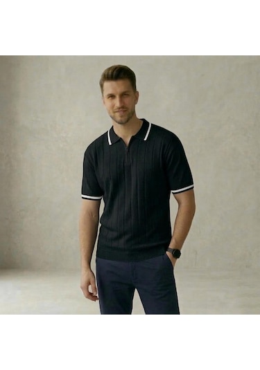Fermuarlı Polo Yaka Kısa Kollu Triko T-shirt SIYAH