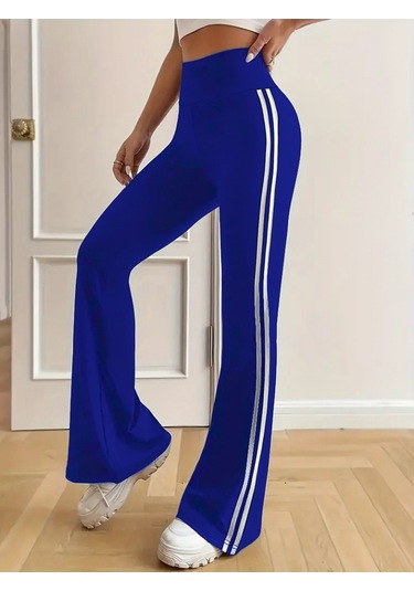 Supplierby Kadın Yüksek Bel Yanlar Şerit Detaylı Ispanyol Paçalı Dalgıç Pantolon Saks Mavi