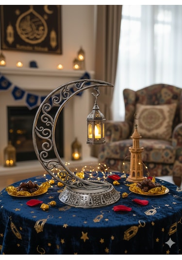 Dekoratif 28 Cm Hilal Eskitme Gümüş Ramazan Led Lamba 10 Cm Kancalı Set Diğer