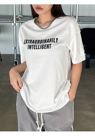 Kadın Beyaz Oversize Extraordinarily Baskılı Örme T-shirt Beyaz
