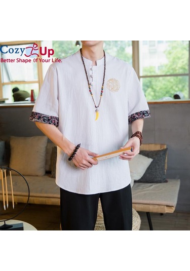Rahat Up Çin Tarzı 1/2 Kollu Casual Gömlek Erkek İnce Stand Yaka Nakış Pamuk Ve Keten Beyaz