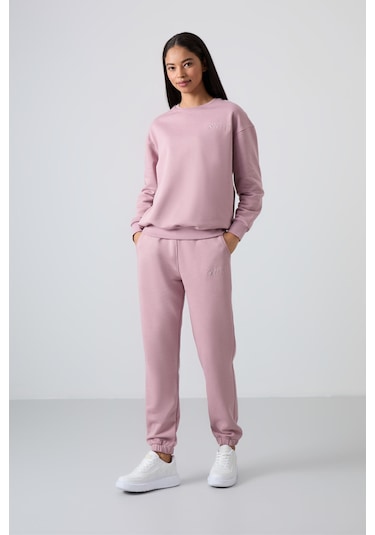 Tommy Life Gül Kurusu Basic Pamuklu O Yaka Oversize Lastik Paça Kadın Eşofman Takım - 95287 Gül Kurusu
