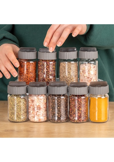 Porsima 1081 Kare Döner Standlı Döner Kapaklı Cam Baharatlık Antrasit - Beyaz