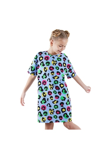 Denokids Leopar Kız Çocuk Oversize Elbise Renkli Çok Renkli