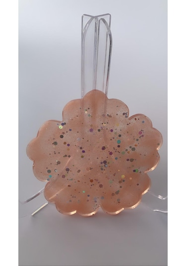 Turuncu Gümüş Glitterli Çiçek Desen Epoksi Bardak Altlığı Turuncu