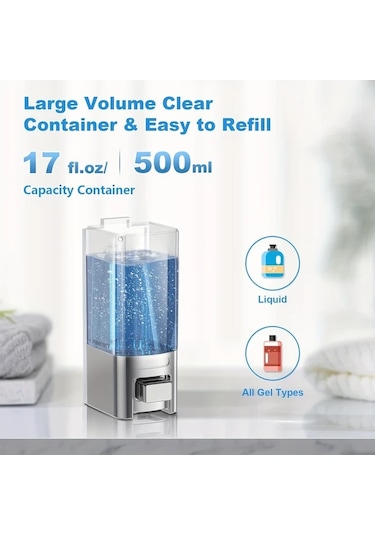 Xuweiwei 2 Adet Tatukıko Gümüş Duvara Monte Çift Başlı Sabunluk 500ml Manuel Basmalı Ftalatsız Plastik Şeffaf Gövde Mavi Sıvı Seviye Göstergeli Banyo Otel Ev Kullanımı Gümüş