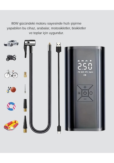 Dijital Ekranlı Kablosuz Hava Pompası Led Işıklı 12v 80w Mavi