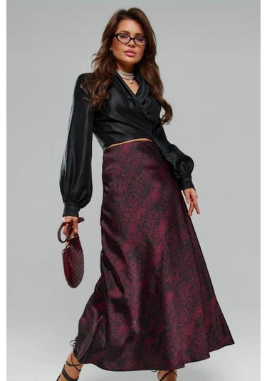 Madmext Bordo Desenli Saten Kadın Uzun Etek Mg2333 Bordo