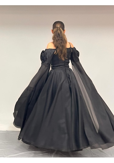 Kız Çocuk Abiye Siyah Uzun Askılı Kolları Çıkabilen Pelerinli Şifon Abiye Elbise 10-15 Yaş Siyah