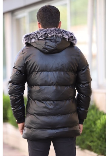 Prifaldi Erkek Kapüşonu Çıkarılabilir Siyah Şişme Uzun Deri Mont Siyah