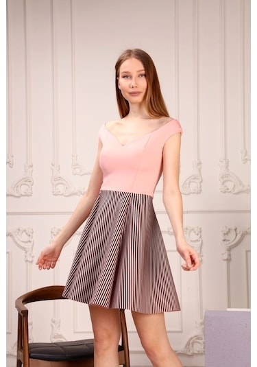 Aymeravm - Eteği Çizgili Kadın Elbise - Gsp3106Ga Pudra