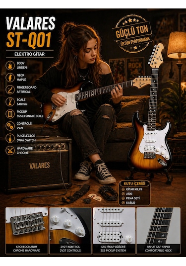 Valares St-q01 Leektro Gitar Üst Seviye Sahne Performansı Full Aksesuar Hediyeli Sunburst