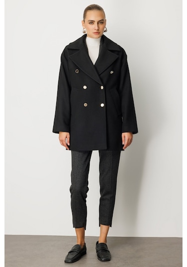 Ekol Kadın Kruvaze Yaka Yan Cepli Kaban 6093 Siyah Siyah