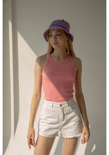 Kadın Yavruağzı Fitilli T-shirt Halter Yaka Örme Atlet Yavruağzı