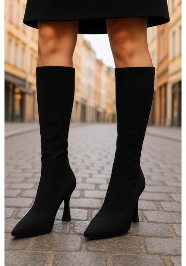 Diz Altı Streç Kadın Topuklu Çizme Ten