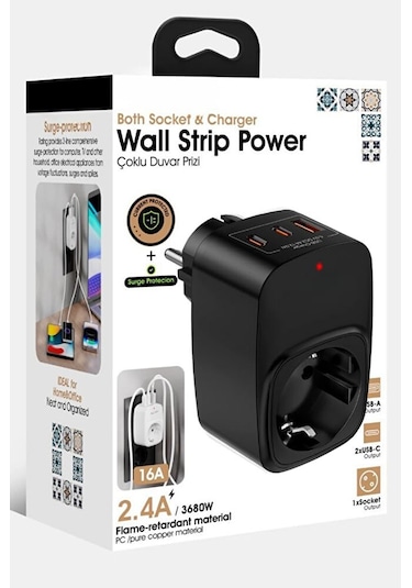 Akım Korumalı 3680 Watt Tekli Priz Ve Çoklu Şarj / 2xtype-c / 1xu Diğer