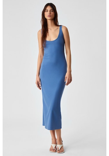 GRIMELANGE Sofutey Kadın Slim Kolsuz Oyuk Yaka Düz Paça Mavi Elbise Mavi