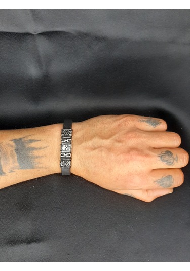 Unisex Suni Deri Metal Detaylı El Yapımı Bileklik Siyah