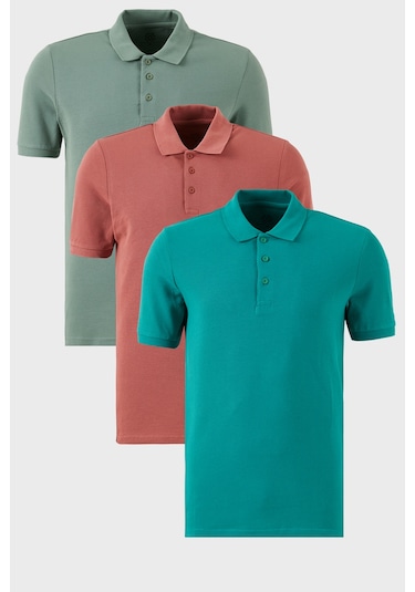 Buratti Pamuklu Regular Fit Düğmeli Polo Yaka 3'Lü Paket Erkek T Shirt 5902127S3 Benetton-Gül-Elma Yeşili
