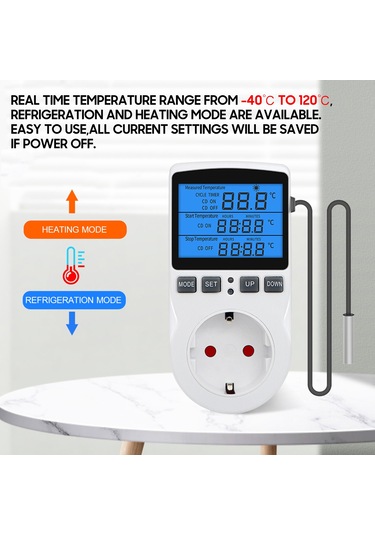 Vkemall Eu Standartlı Sıcaklık Kontrolü Prizi - Isıtma/soğutma Modu, Zamanlayıcı Ve Geri Sayım, 100-250v, 16a, -40 120 C Doğruluk, Arka Işık