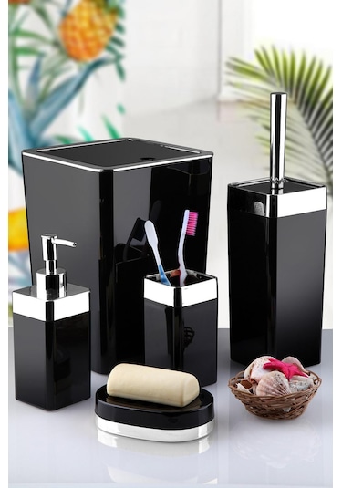 Akrilik Gümüş Çizgi Banyo Takımı 5'Li Kare Banyo Seti Siyah