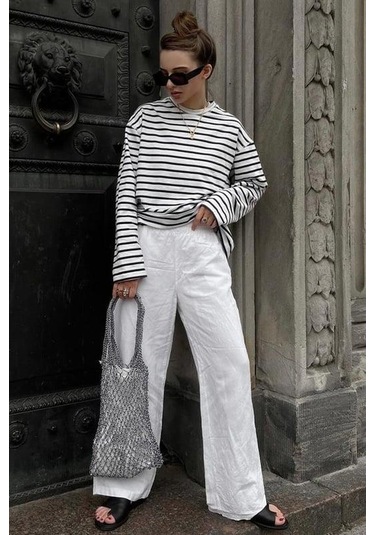 Beyaz Çizgili Sweatshirt Mg2572 Beyaz