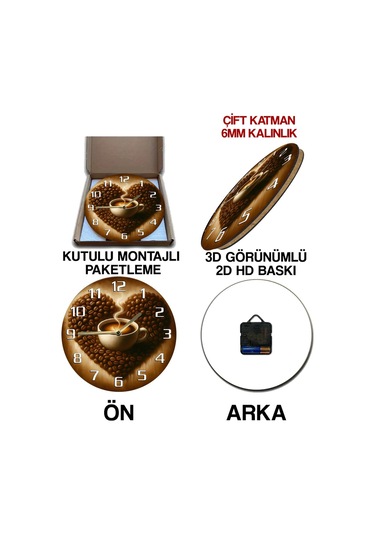 Sessiz Yuvarlak Ahşap Duvar Saati, Kuvars Coffe Desen 2d Sdw2021 Renkli