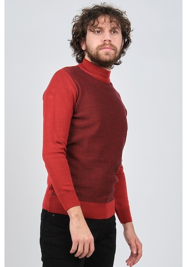 Çizgi Triko Erkek Yarım Balıkçı Yaka Desenli Kazak 42564229 Bordo Bordo