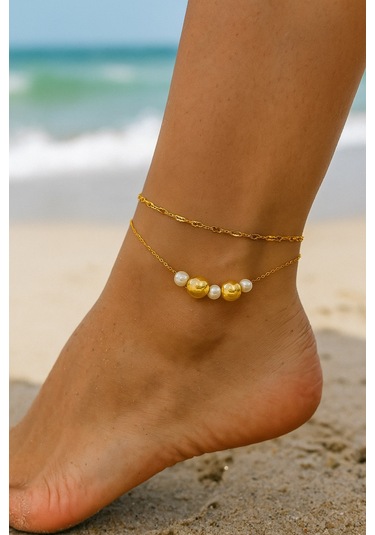 Altın Renk İnci Küre Model Singapur Ve Sf Zincir Çelik Halhal - 3292 Çok Renkli