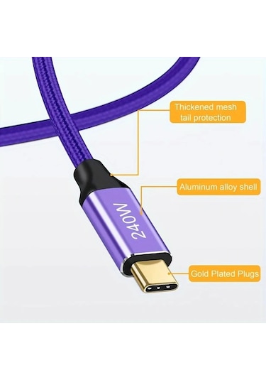 Sunshine011 240w Usb C Hızlı Şarj Kablosu İphone Uyumlu 15 Pro Max Samsung Galaxy S24 Xiaomi Macbook Ps5 Switch 90 Derece