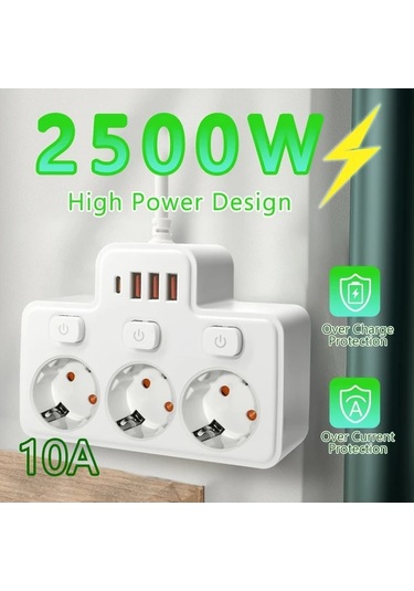 Motion003 2500w 3 Cm Kablo Beyaz Avrupa Standartlı Fişli Priz Şeridi 3 Ac Çıkış 4 Usb 1