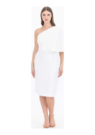Kadın Asimetrik Kesim Pelerin Kol Tek Omuz Abiye Elbise - Ekru Ekru
