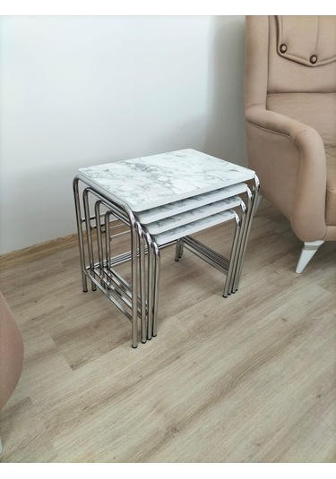Evko Mobilya Buket Sehpa, 4'lü Zigon Sehpa, Dörtlü, Krom-b.mermer