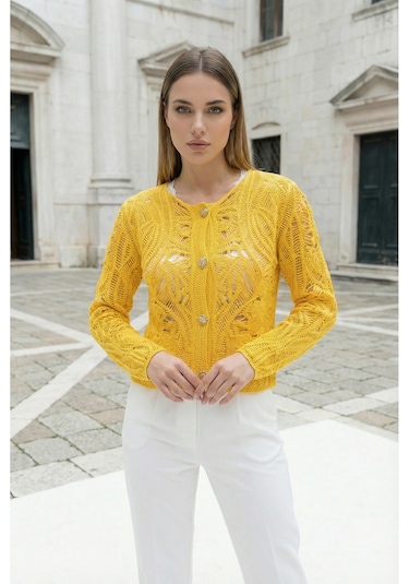 Sayzen Your Shine Dantel Desenli Gold Düğmeli Basic Ceket Shn-2602-tg Sarı
