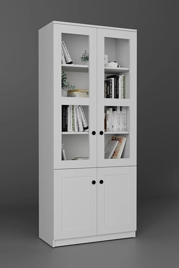 Lisa 4 Kapaklı Beyaz Vitrin - Kitaplık Ve Çok Amaçlı Dolap Beyaz