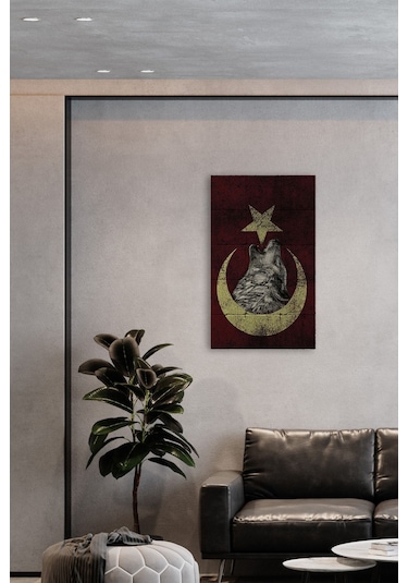 Doğal Taş Tablo Türk Bayrağı Ve Bozkurt - Duvar Dekoru, Salon Tanlosu 30x50cm
