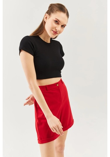 Kadın Kısa Kol Bisiklet Yaka Vücuda Oturan %100 Pamuklu Kaşkorse Esnek Crop Bluz Siyah