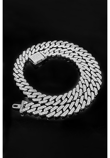 Chavin 12 Mm. Gri Kalın 60 Cm. Taşlı Alloy Erkek Zincir Eu77by Gri