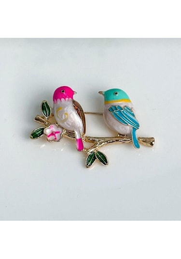 Lovebirds Kuşlar Broş 42x30 Mm Pembe Altın