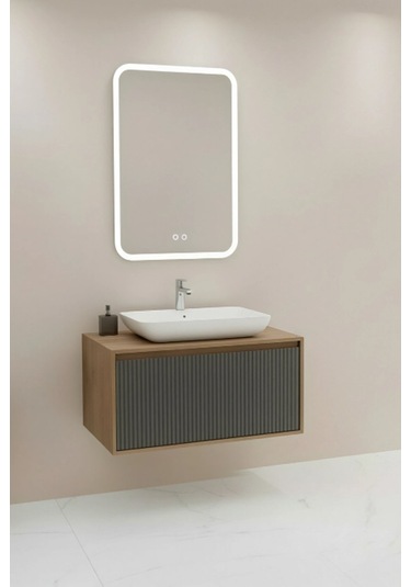 Osloorz 90 Cm Beyaz Lavabolu Banyo Dolabı - Kaman Ceviz / Antrasit Kaman Ceviz