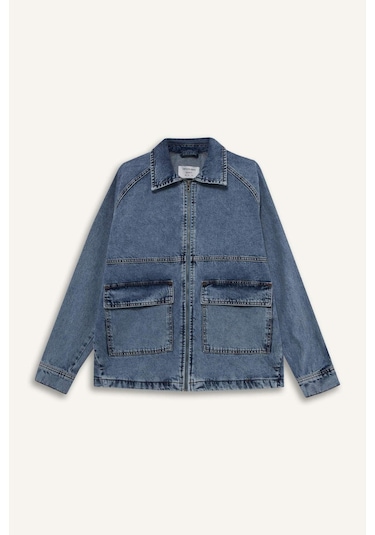 Defacto Relax Fit Fermuarlı Denim Ceket F0097ax25aunm39 Mavi