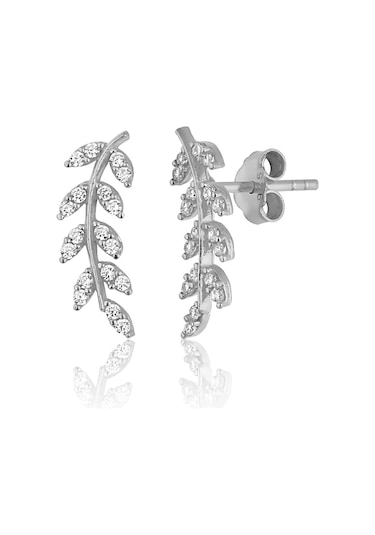 Zanaatsilver 925 Ayar Gümüş, Zirkon Taşlı Rodyum Kaplama Yaprak Modeli Küpe