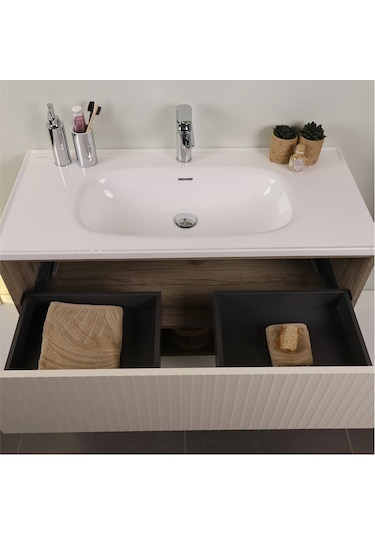 Kobos Elegant 100 Cm Banyo Dolabı Seti Light Walnut + Luna Ahşap