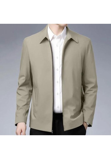 Düz Renk Orta Yaşlı Yaşlı Erkek Uzun Kollu Fermuar Kapatma Düz Resmi İş Rahat Yumuşak Haki