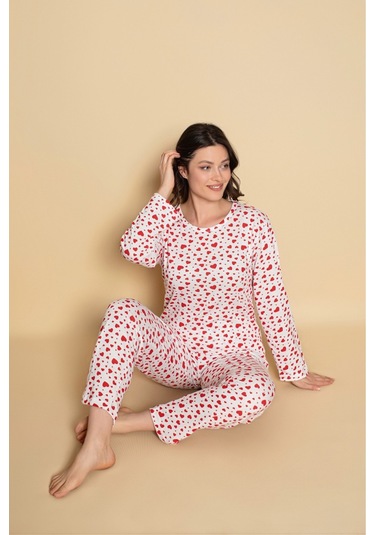 Kadın Penye Sıfır Yaka Bej Renk Uzun Kollu Pijama Takımı Beyaz Puanlı