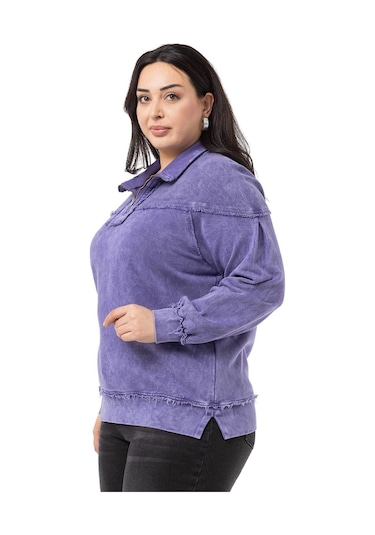 Büyük Beden Pis Dikişli Fermuarlı Yırtmaçlı Parça Boyalı Mor Sweatshirt-mor Mor