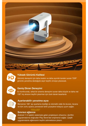 Projeksiyon Cihazı 200 Lümen 2 Kol li 4k 1080p Hd Projektor 3d Oyun Keyfi Android