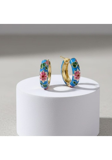 Çiçek Desenli Mineli Çelik Halka Küpe Mavi