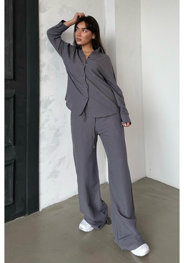 Madmext Füme Keten Kadın Gömlek Pantolon İkili Takım Mg2356 Füme